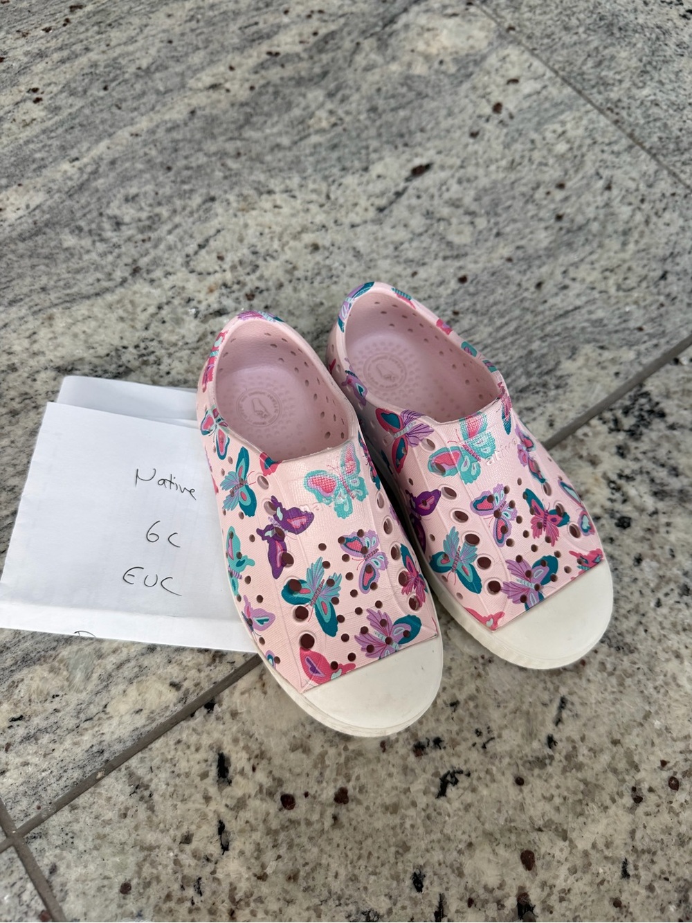 Native Shoes Kids Pink Butterfly Water Shoes with Teal & Purple Accents 6c